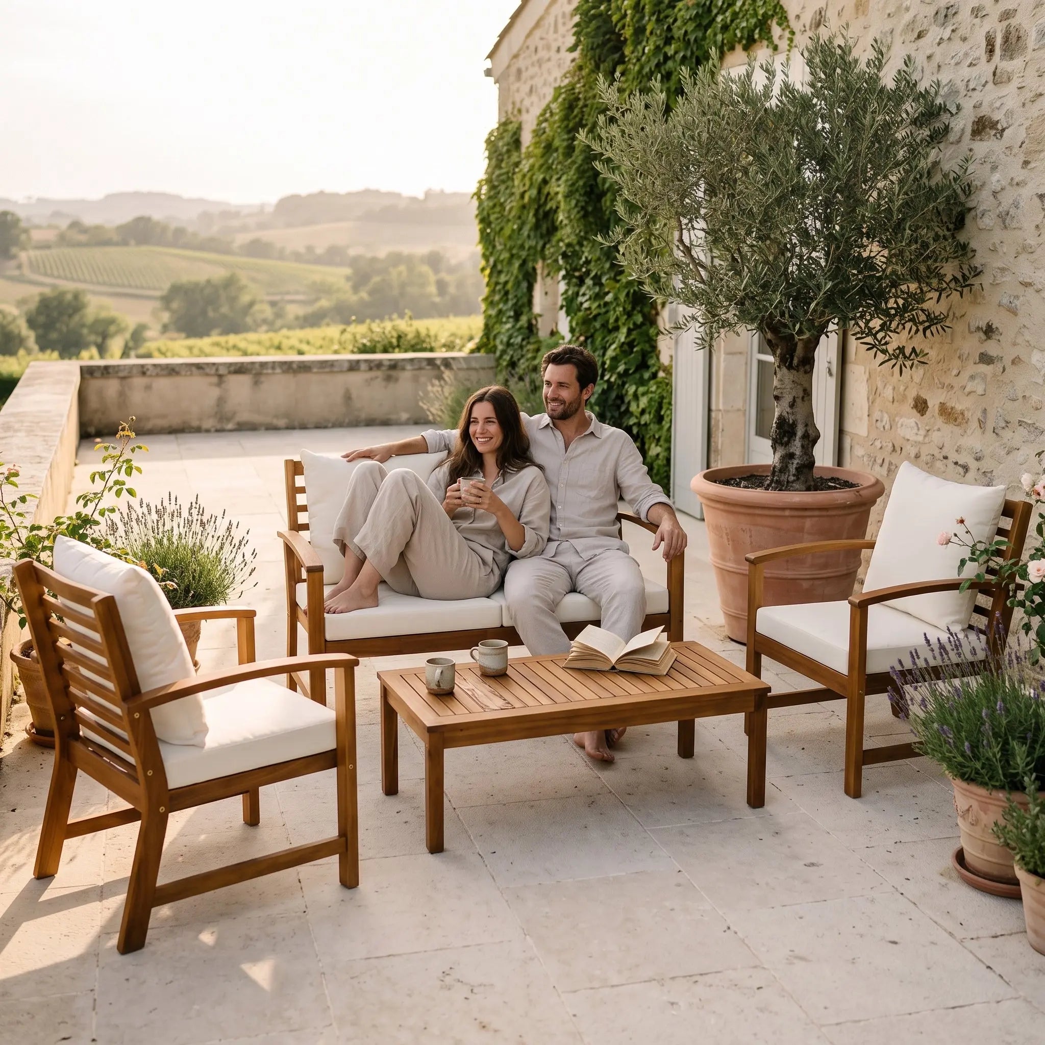 Salon Sirocco | Salon de jardin 4 pièces acacia coussins crème