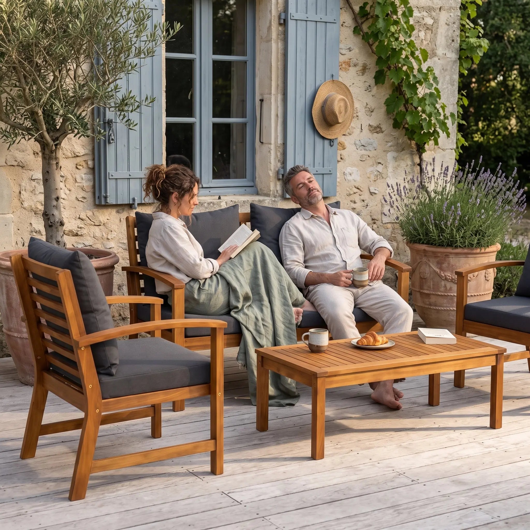 Salon Tramontane | Salon de jardin 4 pièces acacia coussins anthracite