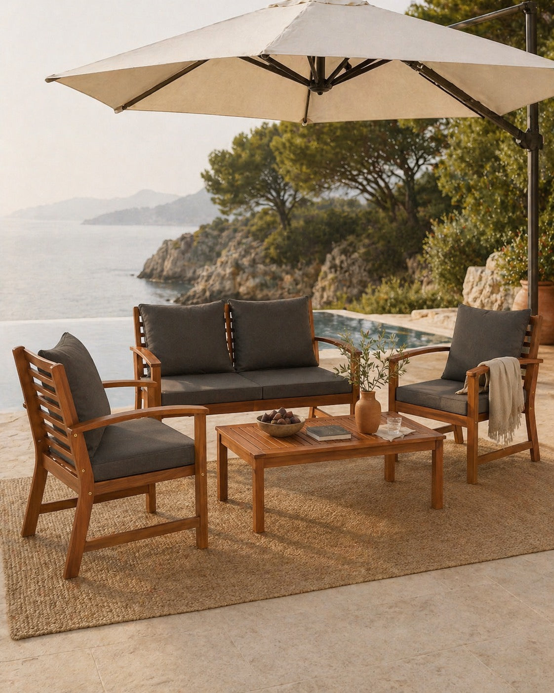 Salon de jardin acacia Salon Tramontane coussins anthracite 4 pièces