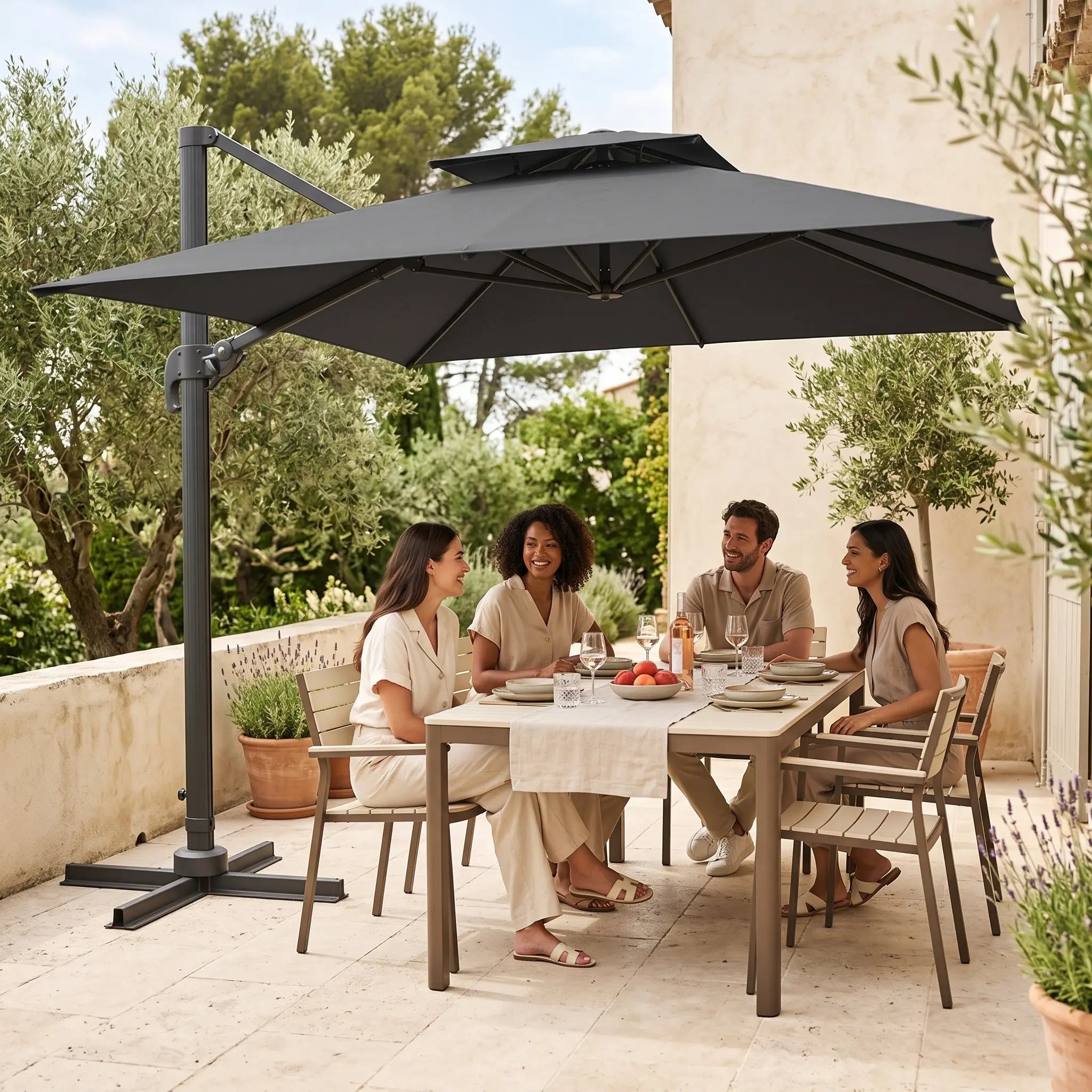 Levant | Parasol déporté anthracite 3×3m double toit anti-vent
