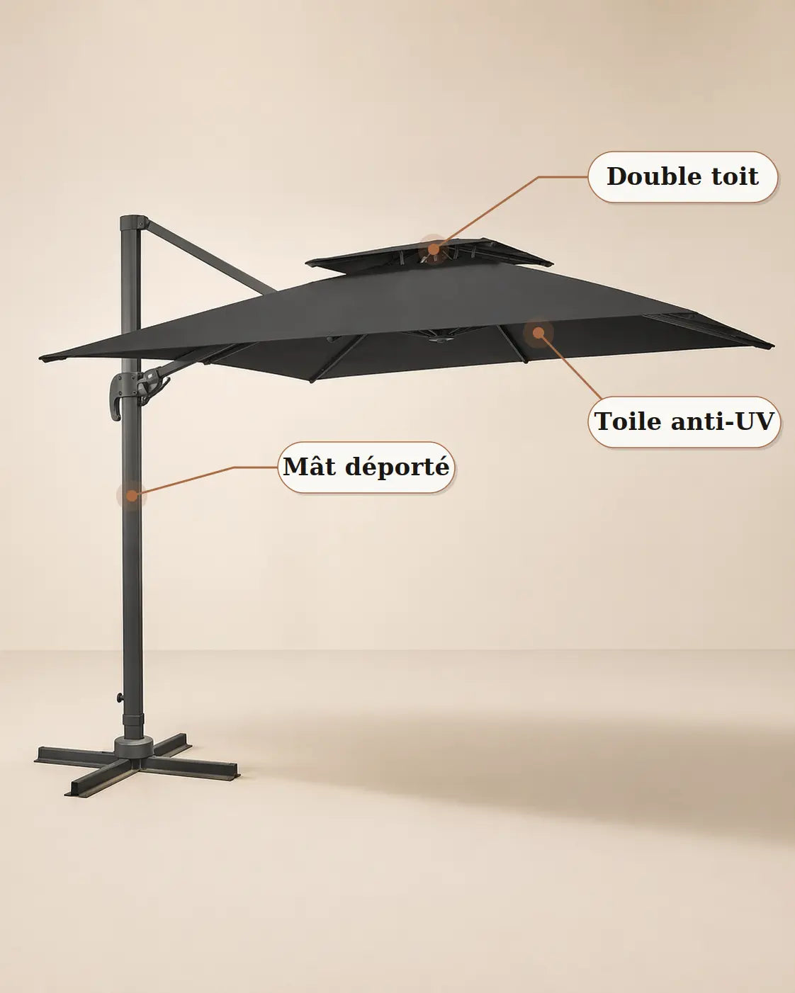 Levant | Parasol déporté anthracite 3×3m double toit anti-vent