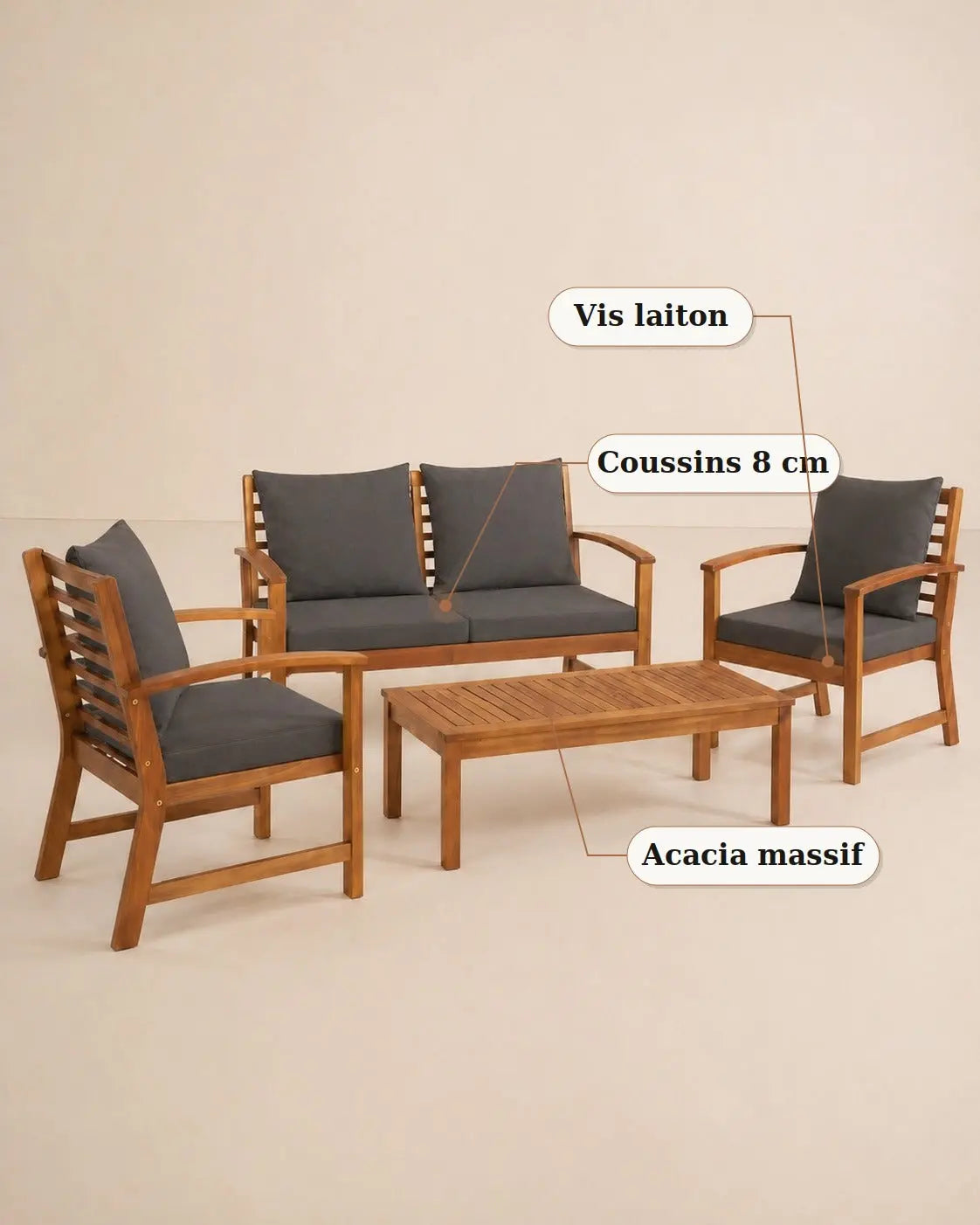 Salon Tramontane | Salon de jardin 4 pièces acacia coussins anthracite