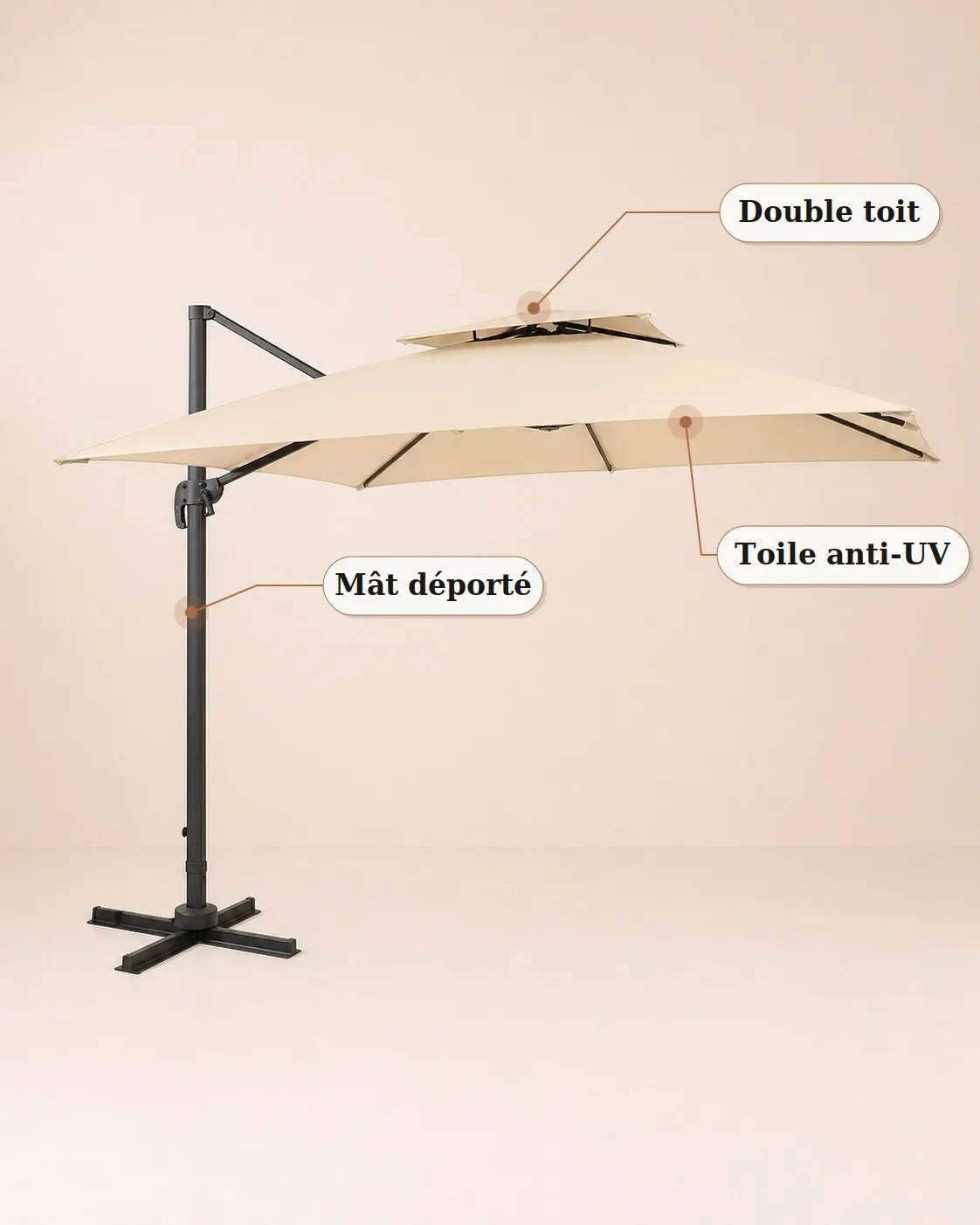 Sirocco | Parasol déporté crème ivoire 3×3m double toit anti-vent