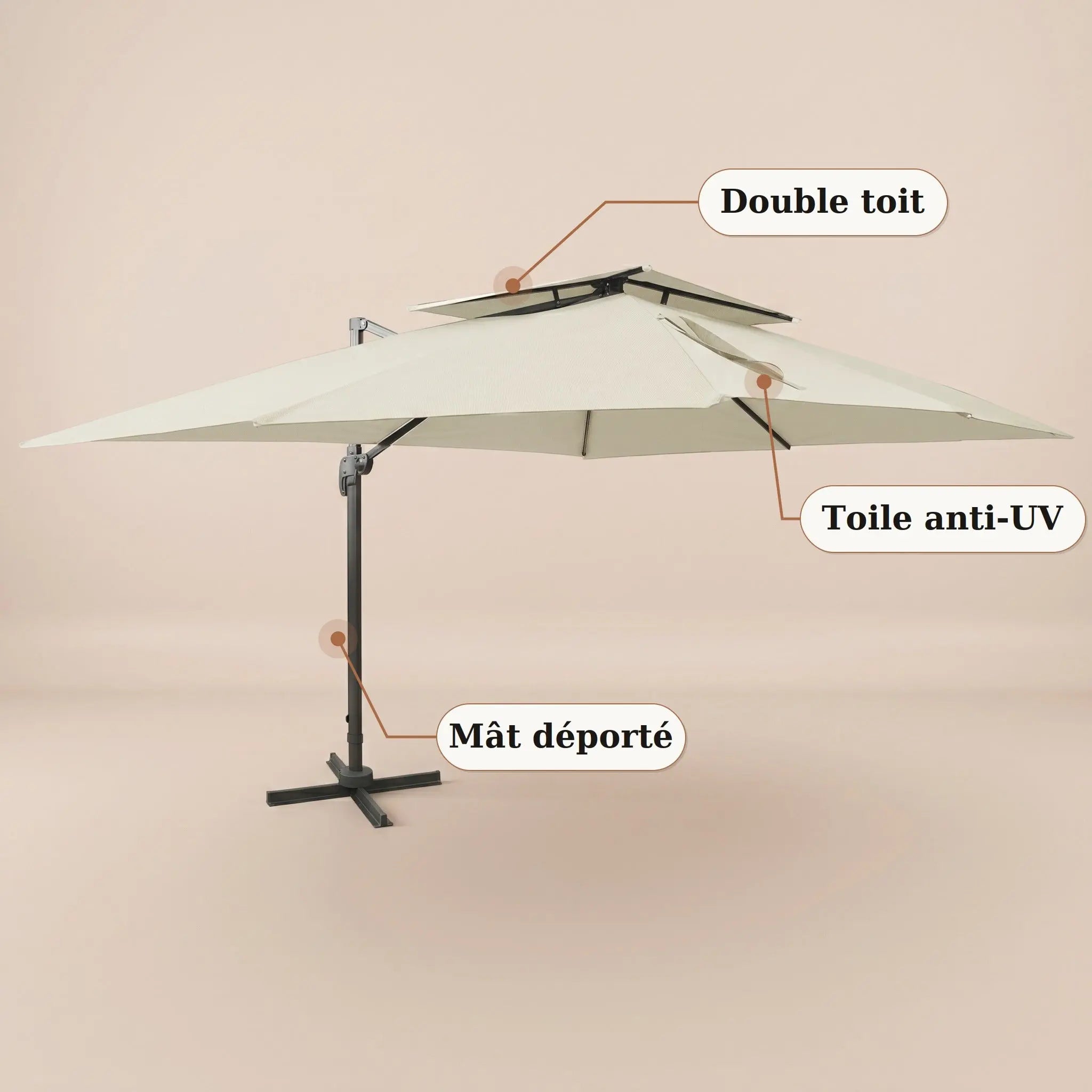Sirocco XL | Parasol déporté crème ivoire 3×4m double toit anti-vent