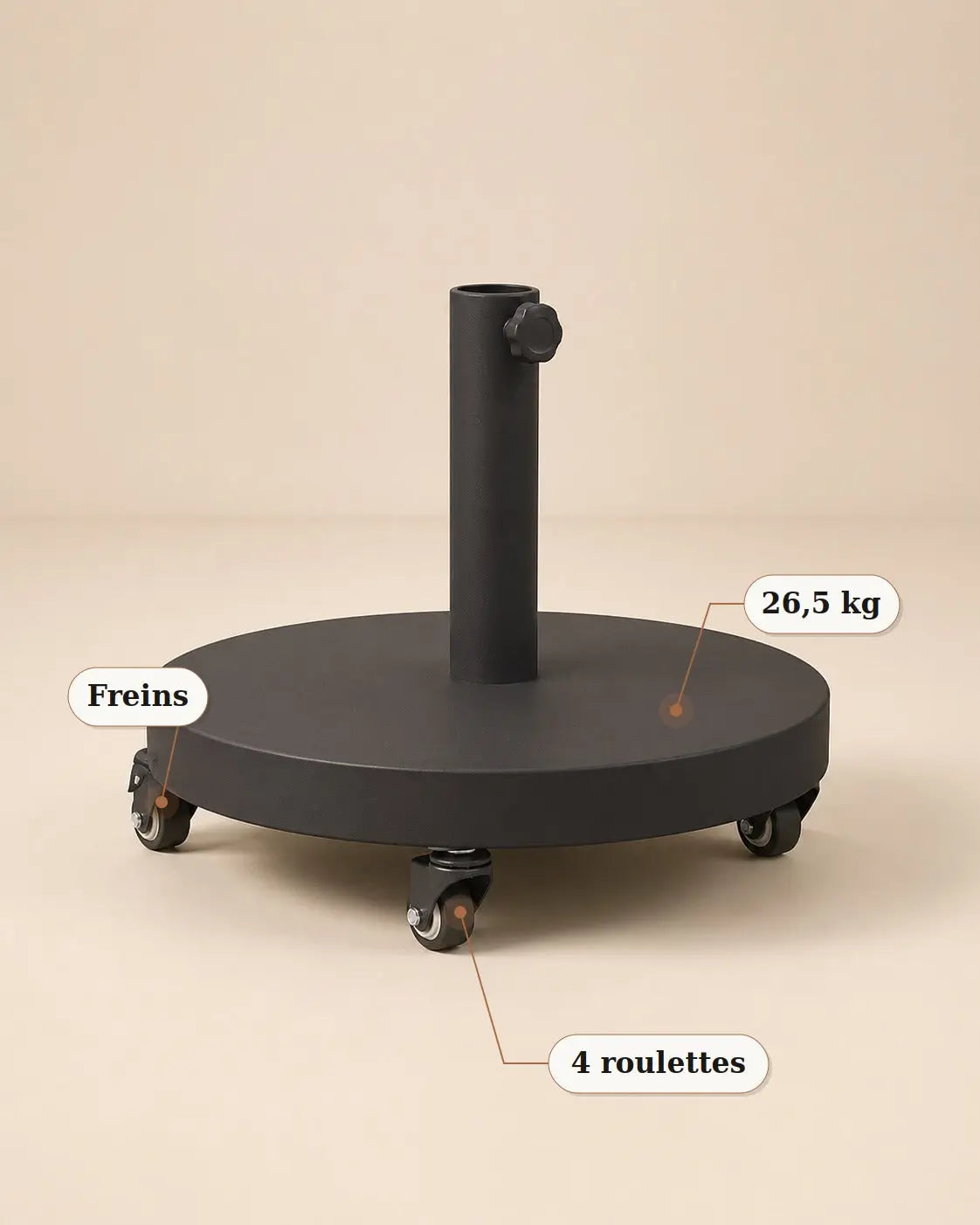 Socle Nomade | Pied parasol droit acier mobile 4 roulettes