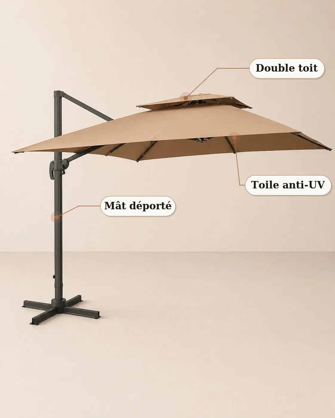 Tramontane | Parasol déporté taupe 3×3m double toit anti-vent