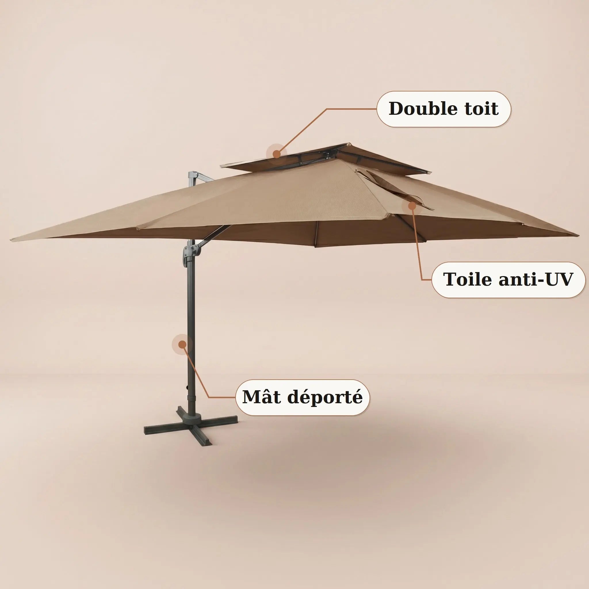 Tramontane XL | Parasol déporté taupe 3×4m double toit anti-vent